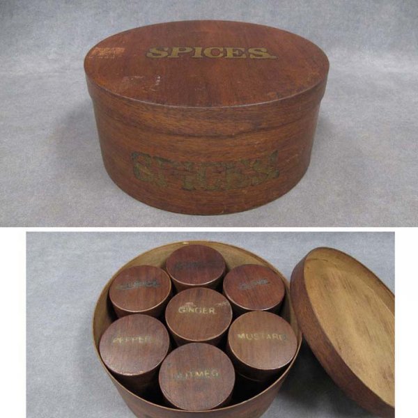 SPLIT ASH PANTRY SPICE BOX: SPLIT ASH PANTRY SPICE BOX SET WITH LABEL STENCILING, STAMPED-MOUNT WASHINGTON BOX, ATTRIBUTED TO SHAKER WORKSHOPS, 20TH CENTURY. HEIGHT/LARGEST 3 1/2"; DIAMETER 8" (wood split/crack to back of large 