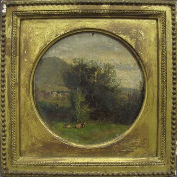 EDWARD B. GAY (AMERICAN 1837-1928), OIL ON CANVAS: EDWARD B. GAY (AMERICAN 1837-1928), OIL ON CANVAS LAID ON BOARD, LANDSCAPE NEAR ARLINGTON, SIGNED AND TITLED. 6 1/2 X 6 1/2"; FRAMED 9 X 9"