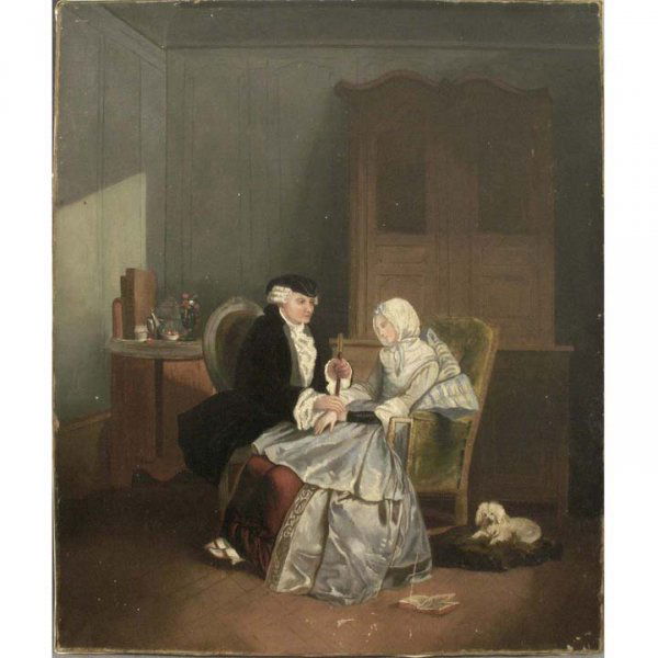 FRENCH SCHOOL (19TH CENTURY), FIGURES IN AN INTERI: FRENCH SCHOOL (19TH CENTURY), FIGURES IN AN INTERIOR. 25 X 21" (RELINED)
