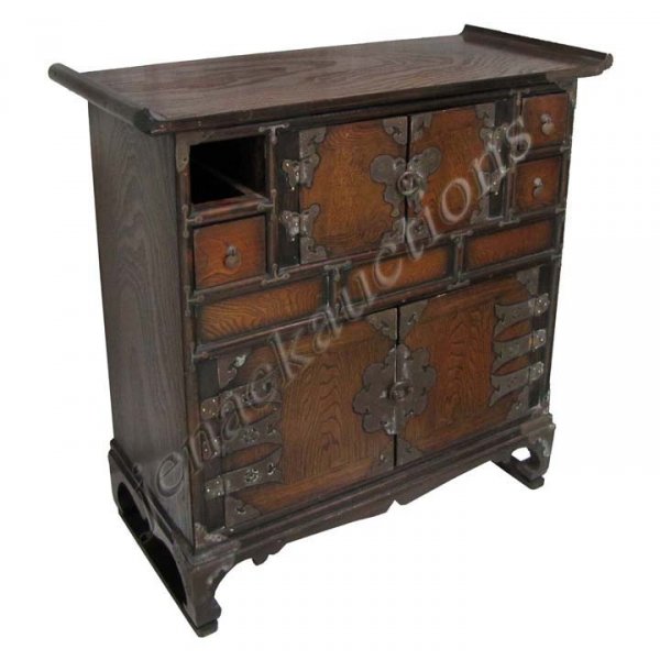 KOREAN MT. ASH CABINET WITH COPPER MOUNTS: KOREAN MT. ASH CABINET WITH COPPER MOUNTS. HEIGHT 28"; WIDTH 28" (LACKING 1/DRAWER)