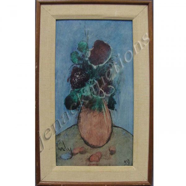 DONALD ROY PURDY (AMERICAN 1924-), OIL ON CARD : DONALD ROY PURDY (AMERICAN 1924-), OIL ON CARD STOCK, PINK VASE, SIGNED 1959. 18 X 10"; FRAMED 23 X 15"