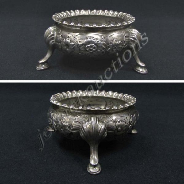 TIFFANY & CO. MAKERS STERLING SILVER MASTER SALT: TIFFANY & CO. MAKERS STERLING SILVER MASTER SALT, MOORE MARK #5876, MONOGRAMMED. HEIGHT 1 1/2"; DIAMETER 2 1/2"; 3.5 OZT (INSIDE PITTING)