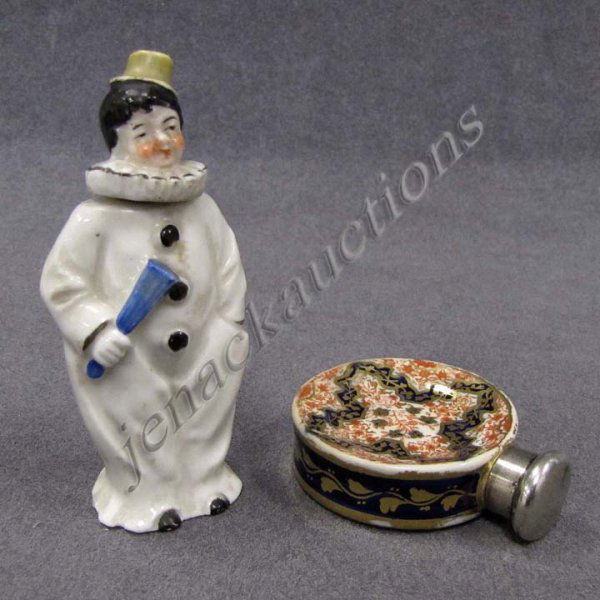 LOT (2) SCENT BOTTLES INCLUDING GERMAN FIGURAL: LOT (2) SCENT BOTTLES INCLUDING GERMAN FIGURAL, HEIGHT 3 1/4"; ROYAL WORCESTER WITH LONDON STERLING, 1888. DIAMETER 1 5/8"