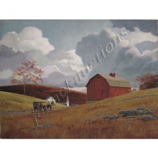 GAETAN (GUY) COHELEACH (AMERICAN 20TH CENTURY): GAETAN (GUY) COHELEACH (AMERICAN 20TH CENTURY), OIL ON CANVAS, COUNTRY LANDSCAPE WITH CARRIAGE, SIGNED ON STRETCHER. 30 X 40"