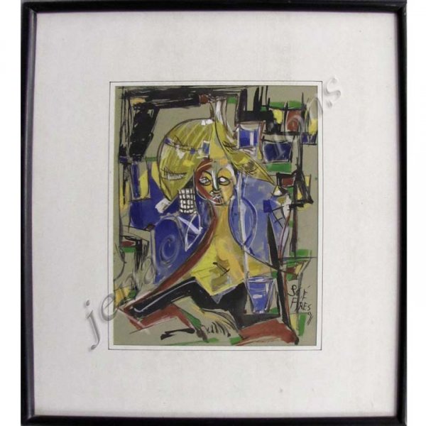 LATIN AMERICAN SCHOOL (20TH CENTURY), WATERCOLOR: LATIN AMERICAN SCHOOL (20TH CENTURY), WATERCOLOR/GOUACHE ON GRAY PAPER, ABSTRACT FIGURE, SIGNED JOSE PIRES 1991. SIGHT 11 X 8"; FRAMED AND GLAZED-18 1/2 X 15"