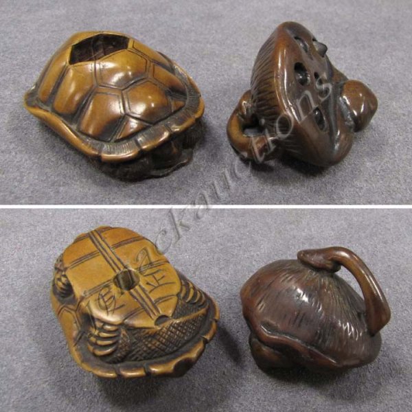LOT (2) ANTIQUE CARVED WOOD NETSUKE: LOT (2) ANTIQUE CARVED WOOD NETSUKE INCLUDING LOTUS SEED POD, TURTLE SHELL, SIGNED. LENGTH 1 1/2 TO 2"