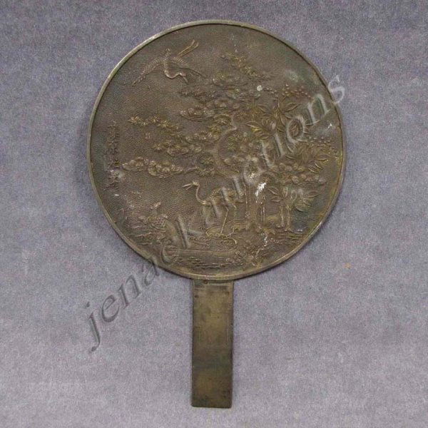 JAPANESE BRONZE HAND MIRROR, MEIJI/TAISHO: JAPANESE BRONZE HAND MIRROR, MEIJI/TAISHO. HEIGHT 10"