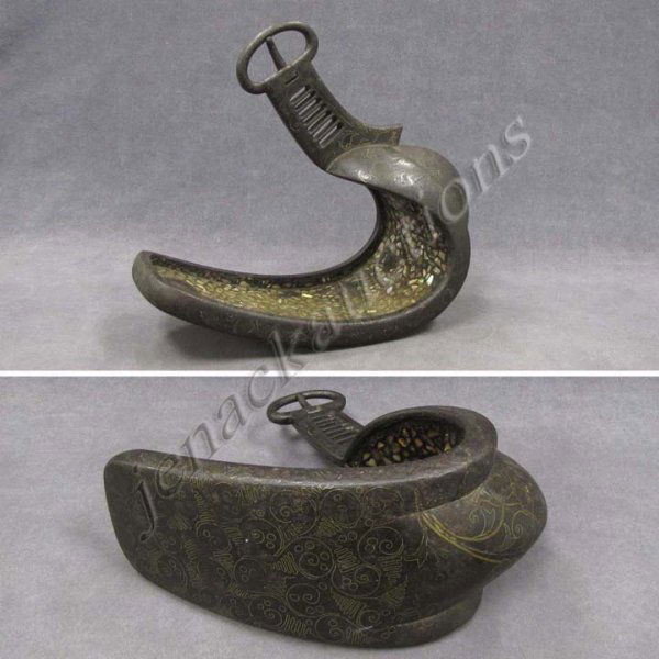 JAPANESE BRASS, SILVER, INLAID IRON STIRRUP: JAPANESE BRASS, SILVER, AND ABALONE INLAID IRON STIRRUP (ABUMI), EDO. LENGTH 12"