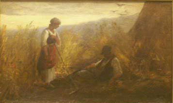 DOUGLAS ARTHUR TEED (AMERICAN 1864-1929), OIL: DOUGLAS ARTHUR TEED (AMERICAN 1864-1929), OIL ON PANEL, "FIELD WORKERS", SIGNED. 13 1/2 X 22 1/4"; FRAMED 28 X 36 1/2" (SEPARATION ALONG PANEL EDGES)