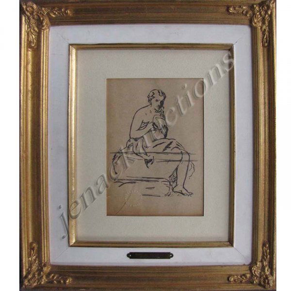 EMILIO BOGGIO (VENEZUELAN 1857-1920) GRAPHITE: EMILIO BOGGIO (VENEZUELAN 1857-1920) GRAPHITE, SEATED NUDE, SIGNED WITH ARTISTS SEAL. SIGHT 8 X 5 1/2"; FRAMED & GLAZED 16 1/2 X 14"