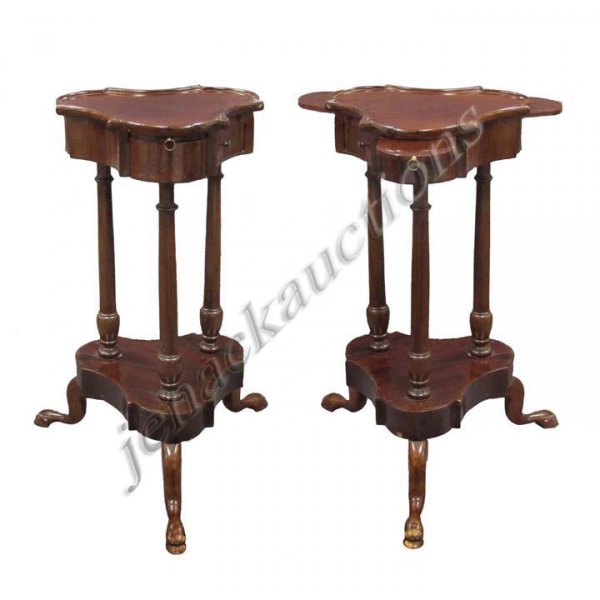 PAIR CHIPPENDALE STYLE CARVED MAHOGANY PORT STANDS: PAIR CHIPPENDALE STYLE CARVED MAHOGANY PORT STANDS WITH CANDLE SLIDES. HEIGHT 23"; SHAPED TOP 11 1/2 X 10 1/4"