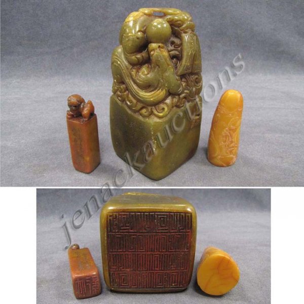 LOT (3) CHINESE CARVED SOAPSTONE SEALS: LOT (3) CHINESE CARVED SOAPSTONE SEALS. HEIGHT 2 1/2-5 1/2"
