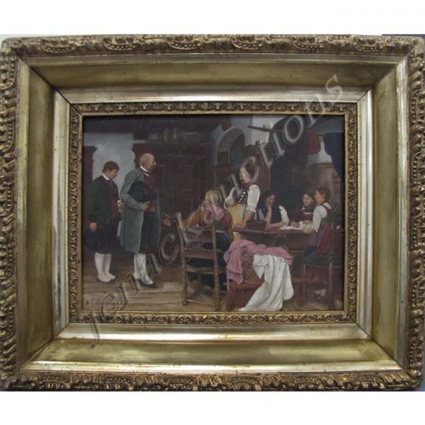 CONTINENTAL SCHOOL (19TH CENTURY), OIL : CONTINENTAL SCHOOL (19TH CENTURY), OIL ON PRINTED PANEL, FIGURES IN AN INTERIOR, SIGNED F. DEFRAGGER (FRANZ VON DEFRAGGER, AUSTRIAN 1835-1921). 7 X 9"; FRAMED 12 X 19"