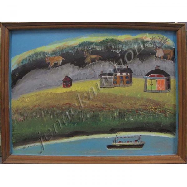 BRUNO DEL FAVERO (AMERICAN 1910-1995), OIL : BRUNO DEL FAVERO (AMERICAN 1910-1995), OIL ON MASONITE, LANDSCAPE WITH STEAMSHIP, SIGNED. FRAMED-25 X 33" EXHIBITION LABEL VERSO
