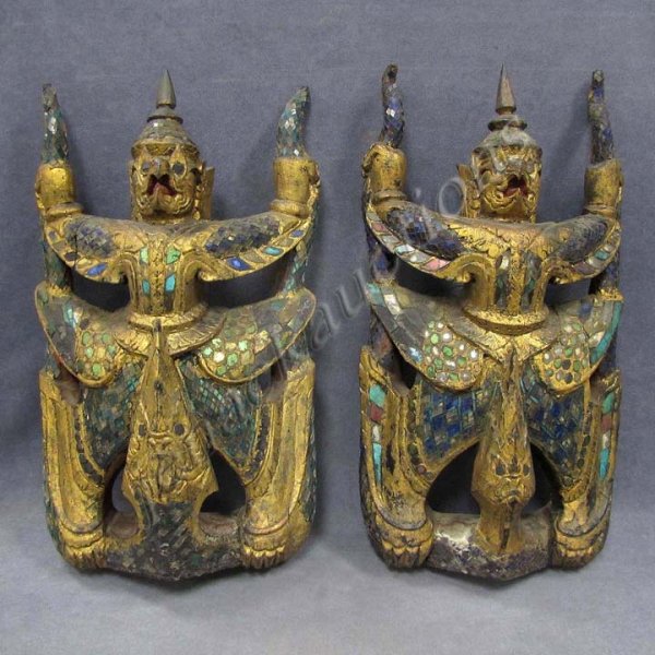 PAIR BALINESE CARVED, GILT, GARUDA FIGURES: PAIR BALINESE CARVED, GILT, AND MIRROR MOUNTED GARUDA FIGURES. HEIGHT 21"