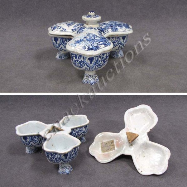 DELFT FAIENCE 3-PART MASTER SALT/SPICE CONTAINER: DELFT FAIENCE 3-PART MASTER SALT/SPICE FOOTED CONTAINER WITH MONOGRAM, SIGNED HB (HUGO BROUWER), 18TH CENTURY (EARLY RESTORATIONS). HEIGHT 3"; 5 1/4 X 5 1/4"
