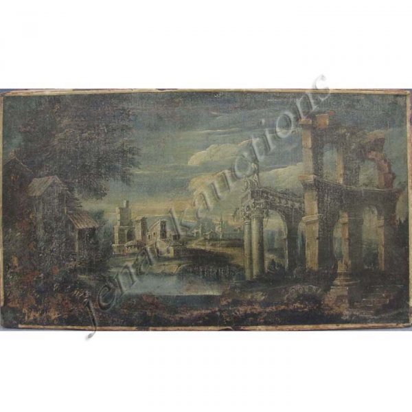 CONTINENTAL SCHOOL (18TH CENTURY), OIL ON CANVAS: CONTINENTAL SCHOOL (18TH CENTURY), OIL ON CANVAS, VILLAGE/ROMAN RUINS. 15 1/2 X 25" (RELINED)