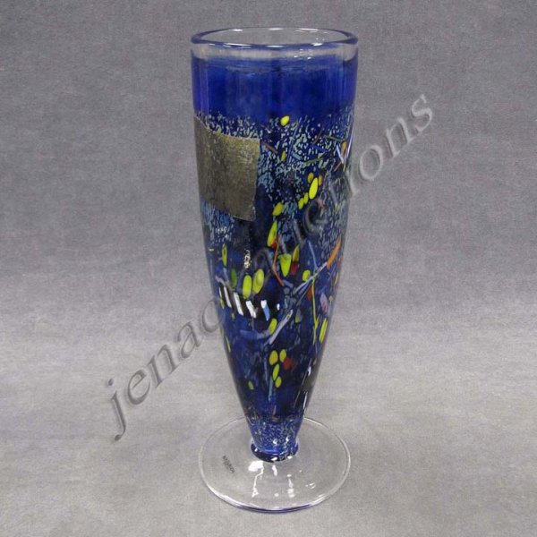 KOSTA BODA ART GLASS SATELLITE BLUE VASE, SIGNED: KOSTA BODA ART GLASS SATELLITE BLUE VASE, SIGNED, B. VALLIEN, #49250. HEIGHT 11 5//8"