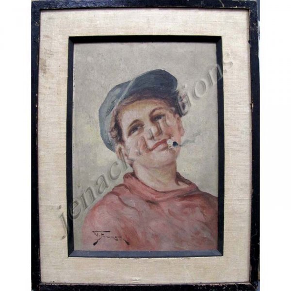 T. FRANCO (EUROPEAN 20TH CENTURY) OIL ON BOARD: T. FRANCO (EUROPEAN 20TH CENTURY) OIL ON BOARD, YOUNG BOY WITH CIGARETTE, SIGNED. 17 X 12"; FRAMED 22 1/2 X 17 1/2"