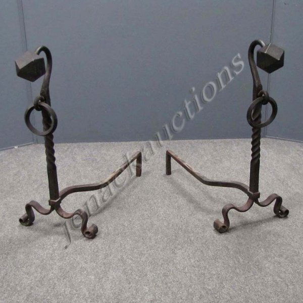 PAIR VINTAGE WROUGHT IRON ANDIRONS KNOB FINIALS: PAIR VINTAGE WROUGHT IRON ANDIRONS WITH KNOB FINIALS. HEIGHT 24"