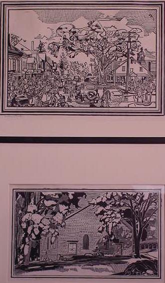 LOT (2) WOODCUTS, SGN FISKE BOYD: LOT (2) WOODCUTS INCLUDING WASHINGTONVILLE & BLOOMING GROVE CHURCH, SIGNED FISKE BOYD (AMERICAN 1895-1975). 8 1/2 X 12"; 6 X 10 1/4"