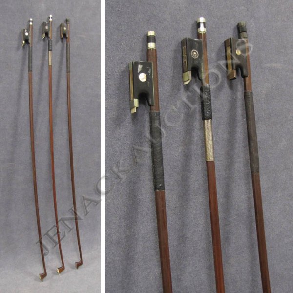 LOT (3) ASSORTED VINTAGE VIOLIN BOWS: LOT (3) ASSORTED VINTAGE VIOLIN BOWS INCLUDING SIGNED KITTEL AND GERMAN SILVER MOUNTED AND MOTHER OF PEARL INLAID