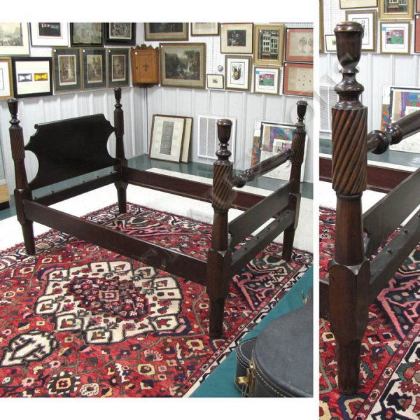 FEDERAL CARVED MAHOGANY FOUR-POSTER FULL SIZE BED: FEDERAL CARVED MAHOGANY FOUR-POSTER FULL SIZE BED. HEIGHT 54"; INSIDE 49 1/2 X 72"