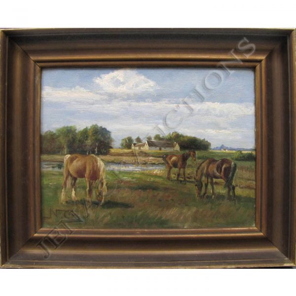 CONTINENTAL SCHOOL (20TH CENTURY), OIL ON CANVAS: CONTINENTAL SCHOOL (20TH CENTURY), OIL ON CANVAS, LOWLANDS LANDSCAPE WITH HORSES, SIGNED. 9 1/2 X 12 1/2"; FRAMED 13 X 16 1/2"
