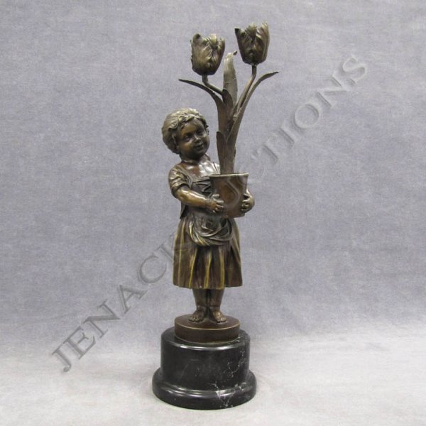 BRONZE FIGURE OF A YOUNG GIRL WITH POT OF TULIPS: BRONZE FIGURE OF A YOUNG GIRL WITH POT OF TULIPS, MOUNTED ON MARBLE PLINTH. MARKED "3". TOTAL HEIGHT 19"