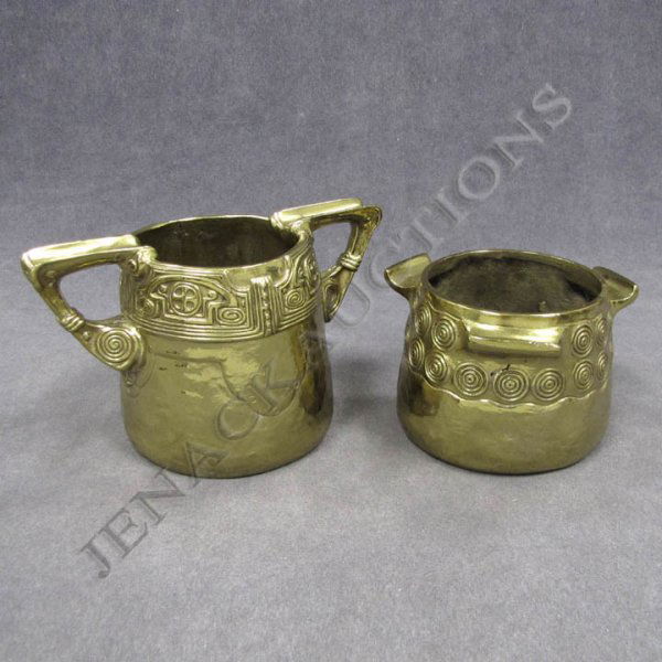 GUSTAV GURSCHNER (AUSTRIAN 1873-1971): GUSTAV GURSCHNER (AUSTRIAN 1873-1971) AUSTRIAN GILT BRONZE CREAMER & SUGAR, SIGNED. HEIGHT 3-3 1/2"