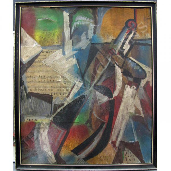 AFTER MAX WEBER (AMERICAN 1881-1961), OIL/COLLAGE: AFTER MAX WEBER (AMERICAN 1881-1961), OIL/COLLAGE ON CANVAS, ABSTRACT WITH SHEET MUSIC, SIGNED. FRAMED 23 1/2 X 19 3/4 (TEARS/IMPERFECTIONS)