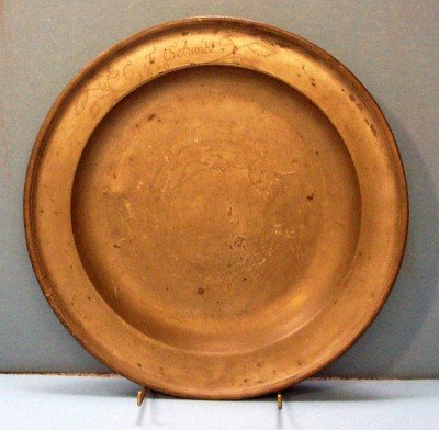 CONTI'L PEWTER CHARGER, SCHMIDT 1820: CONTINENTAL ENGRAVED PEWTER CHARGER, SIGNED F. SCHMIDT, 1820. DIAMETER 14"