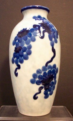 LIMOGES PORCELAIN VASE: LIMOGES PORCELAIN VASE BLUE & WHITE GRAPE DESIGN, ARTIST SIGNED F. MADAUM & JP. HEIGHT 10 1/2"