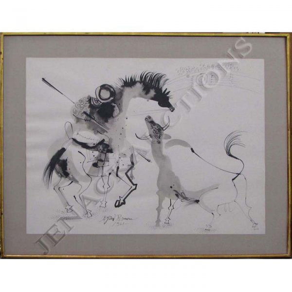 BYRON BROWNE (AMERICAN 1907-1961), INK/WASH/PEN: BYRON BROWNE (AMERICAN 1907-1961), INK/WASH/PEN ON PAPER, BULL FIGHT, SIGNED 1961. SHEET 20 X 26"; FRAMED AND GLAZED-25 1/2 X 35 1/2"