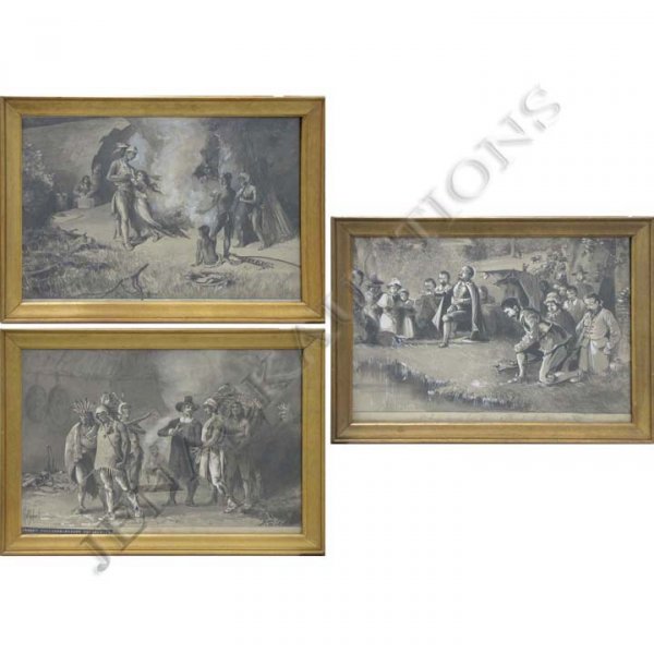 WILLIAM P. BUDWELL (AMERICAN 19/20TH CENTURY): WILLIAM P. BUDWELL (AMERICAN 19/20TH CENTURY), LOT (3) INK/GOUACHE ILLUSTRATIONS INCLUDING ROGER WILLIAMS & PEQUOT EMISSARIES; THOMAS HOOKER AND HIS FRIENDS REACH THE CONNECTICUT, SIGNED. FRAMED AND G