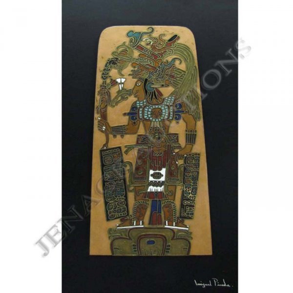 MIGUEL ANGEL PINEDA (MEXICAN 1940-): MIGUEL ANGEL PINEDA (MEXICAN 1940-), ENAMELED BRASS PANEL (STELA)-MAYAN CLASSIC PERIOD FIGURE, SIGNED. 17 1/2 X 10" (INFORMATION VERSO)