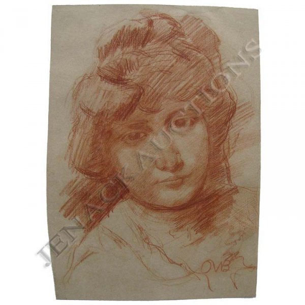 UMBERTO BOCCIONI (ITALIAN 1882-1916), CONTE CRAYON: UMBERTO BOCCIONI (ITALIAN 1882-1916), CONTE CRAYON ON BUFF PAPER, PORTRAIT OF A BEAUTY, MONOGRAMMED. SHEET 14 X 10" (HINGED)
