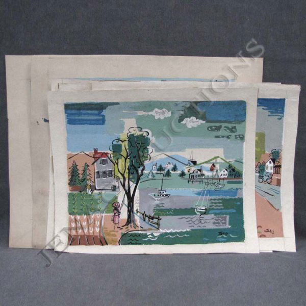 NICHOLAS TAKIS (AMERICAN, NEW YORK 1903-1964): NICHOLAS TAKIS (AMERICAN, NEW YORK 1903-1964), LOT (6) WATERCOLOR/GOUACHE, COUNTRY LANDSCAPES WITH FIGURES, SIGNED. SHEETS 19 X 23"-22 X 26"