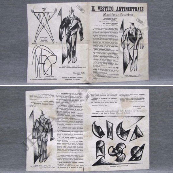 GIACOMO BALLA (ITALIAN 1871-1958), IL VESTITO…: GIACOMO BALLA (ITALIAN 1871-1958), IL VESTITO ANTINEUTRALE, MANIFESTO FUTURISTA, MILANO (FOUR PAGE FOLIO WITH 6-ILLUSTRATIONS). 11 3/4 X 9"