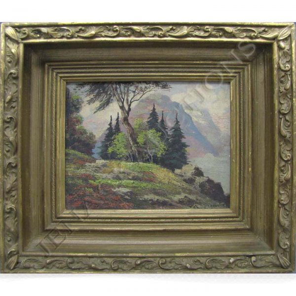 HERMANN KOSEL (AUSTRIA 1896-1983), OIL: HERMANN KOSEL (AUSTRIA 1896-1983), OIL ON ARTIST BOARD, MOUNTAIN LANDSCAPE WITH TREES, SIGNED. 8 X 10"; FRAMED 13 3/4 X 15 3/4"