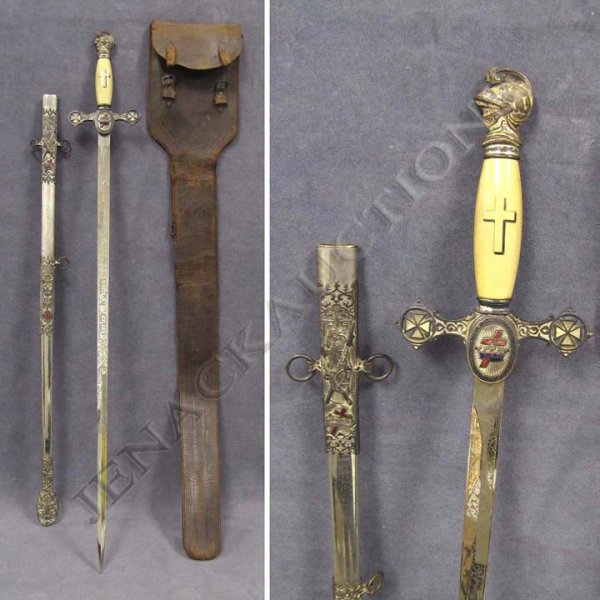 VINTAGE ENAMEL MOUNTED FRATERNAL DRESS SWORD: VINTAGE ENAMEL MOUNTED FRATERNAL DRESS SWORD/SCABBARD FOR CHARLES M. PAYEN BY THE LILLEY CO., COLUMBUS, OHIO WITH LEATHER CASE