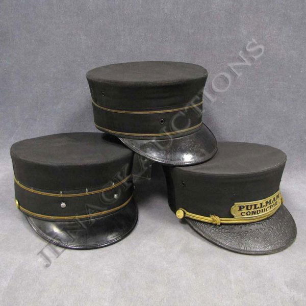 LOT (3) ASSORTED CONDUCTOR'S HATS: LOT (3) ASSORTED CONDUCTOR'S HATS INCLUDING "PULLMAN CONDUCTOR" BROOKS HAT CO. WITH O & W BUTTONS AND BROOKS HAT CO. "NO RR MARKINGS"