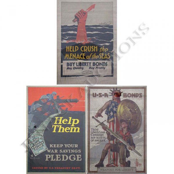 LOT (3) WWI LITHOGRAPHIC POSTERS INCLUDING "U.S.A.: LOT (3) WWI LITHOGRAPHIC POSTERS INCLUDING "U.S.A. BONDS, WEAPONS FOR LIBERTY", J.C. LEYENDECKER, 30 X 20"; "HELP CRUSH THE MENACE OF THE SEAS", J.L. GROSSE, 28 X 18"; "HELP THEM", CASPER EMERSON JR.,