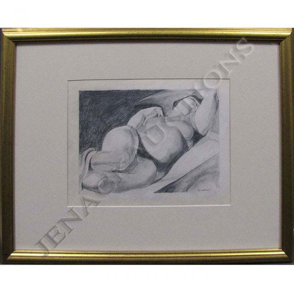 AFTER TAMARA DE LEMPICKA (AMERICAN 1898-1980): AFTER TAMARA DE LEMPICKA (AMERICAN 1898-1980), GRAPHITE, RECLINING WOMAN, SIGNED. SIGHT 9 1/2 X 12"; FRAMED AND GLAZED-18 X 22"