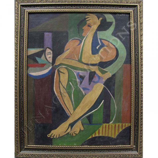 AFTER ANDRE LHOTE (FRENCH 1885-1962), OIL: AFTER ANDRE LHOTE (FRENCH 1885-1962), OIL ON CANVAS BOARD, ABSTRACT FIGURE, SIGNED. 18 X 14"; FRAMED 21 X 17"