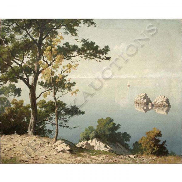 AUGUST ALBO (RUSSIAN/AMERICAN 1893-1963) OIL: AUGUST ALBO (RUSSIAN/AMERICAN 1893-1963) OIL ON CANVAS, COASTAL LAKE, SIGNED VERSO. 22 X 28"