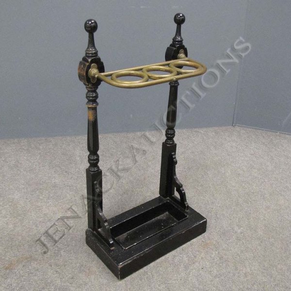EDWARDIAN EBONIZED AND BRASS CANE STAND: EDWARDIAN EBONIZED AND BRASS CANE STAND, 19TH CENTURY. HEIGHT 28"