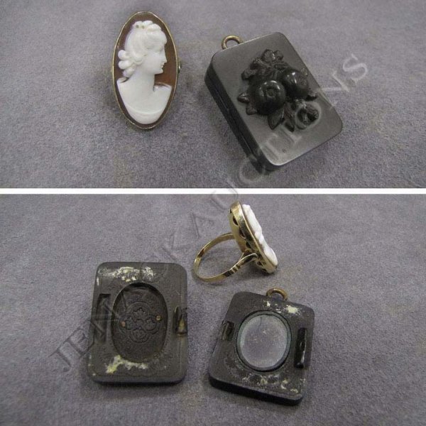 LOT (2) INCLUDING YELLOW GOLD (TESTS 14K) CAMEO: LOT (2) INCLUDING YELLOW GOLD (TESTS 14K) CARVED CAMEO RING AND VICTORIAN GUTTA PERCHA CARVED HAIR LOCKET (AS IS). RING SIZE 8 1/2; LOCKET 1 1/4"