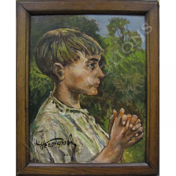 MICHAIL VASILEVICH NESTEROV (RUSSIAN 1862-1942): MICHAIL VASILEVICH NESTEROV (RUSSIAN 1862-1942), OIL ON ARTIST PANEL, PORTRAIT OF A YOUNG BOY (STUDY FROM "VISION OF ST. SERGIUS, WHEN A CHILD", SOTHEBY'S, NEW YORK 4/16/07 LOT 353), SIGNED. 12 3/4 X 