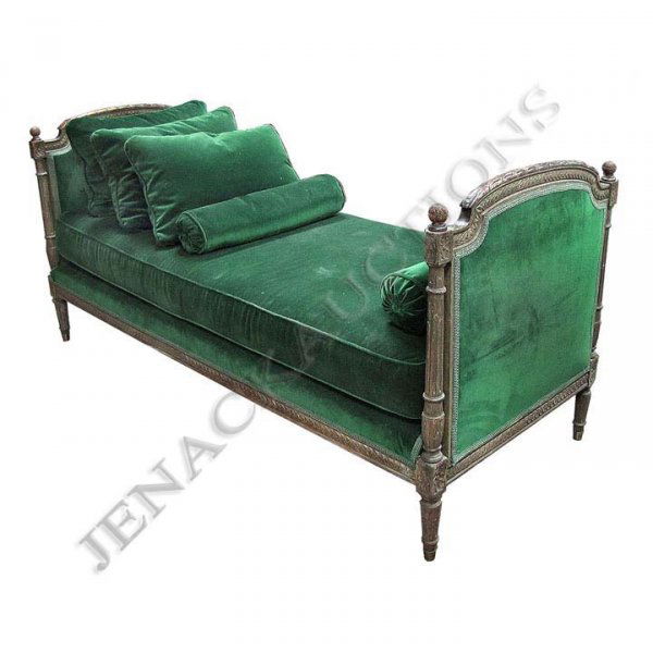 LOUIS XVI STYLE FRENCH LIT (DAYBED): LOUIS XVI STYLE FRENCH CARVED AND PAINTED FRUITWOOD LIT (DAYBED). HEIGHT 38"; LENGTH 79"